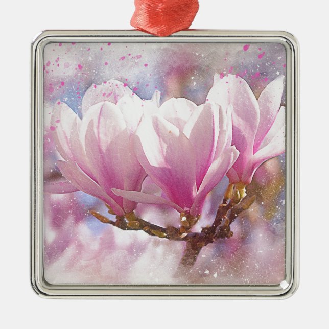 Blooming Pink Purple Magnolia - Spring Flower Metal Ornament (Front)