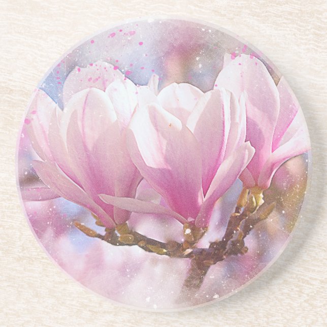 Blooming Pink Purple Magnolia - Spring Flower Sandstone Coaster (Front)