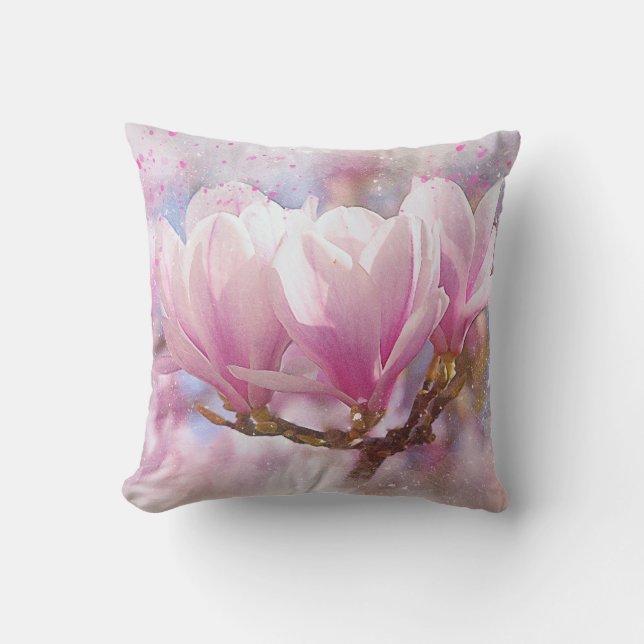Blooming Pink Purple Magnolia - Spring Flower Throw Pillow (Front)