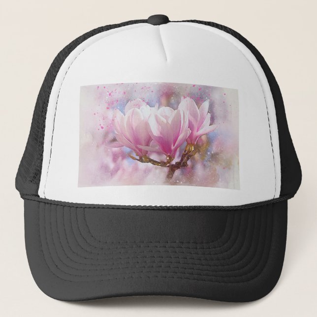 Blooming Pink Purple Magnolia - Spring Flower Trucker Hat (Front)