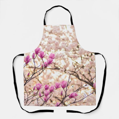 Blooming Pink Purple Magnolias Spring Flower Apron