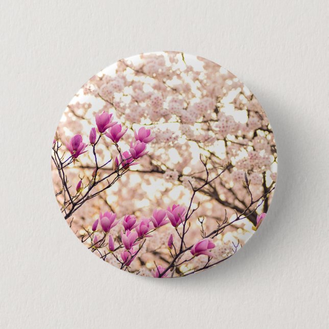 Blooming Pink Purple Magnolias Spring Flower Button (Front)