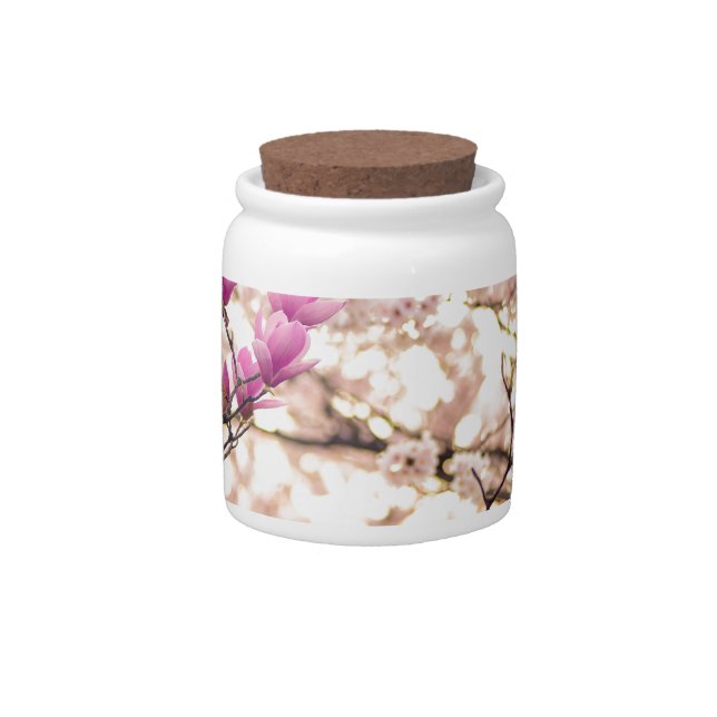 Blooming Pink Purple Magnolias Spring Flower Candy Jar (Front)