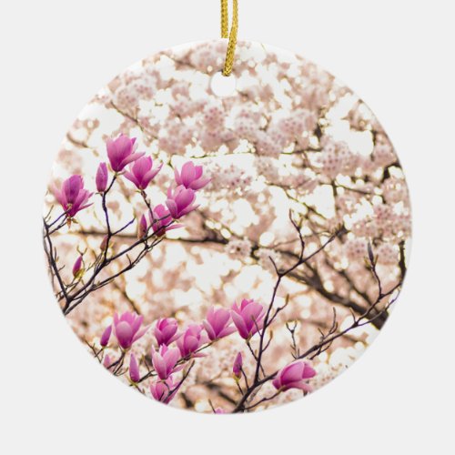 Blooming Pink Purple Magnolias Spring Flower Ceramic Ornament