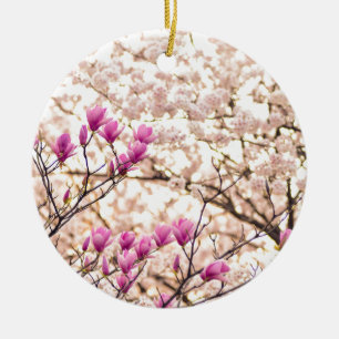 Blooming Pink Purple Magnolias Spring Flower Ceramic Ornament