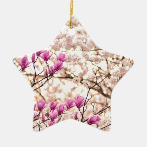 Blooming Pink Purple Magnolias Spring Flower Ceramic Ornament