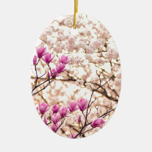 Blooming Pink Purple Magnolias Spring Flower Ceramic Ornament