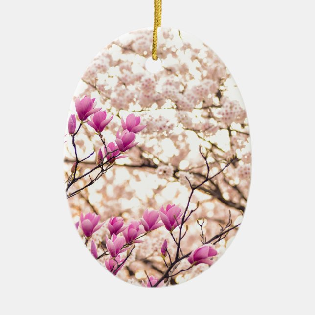 Blooming Pink Purple Magnolias Spring Flower Ceramic Ornament (Front)