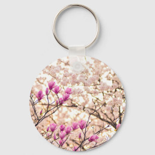 Blooming Pink Purple Magnolias Spring Flower Keychain