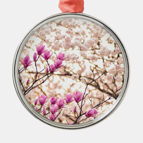 Blooming Pink Purple Magnolias Spring Flower Metal Ornament