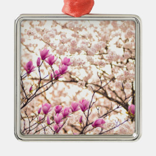 Blooming Pink Purple Magnolias Spring Flower Metal Ornament