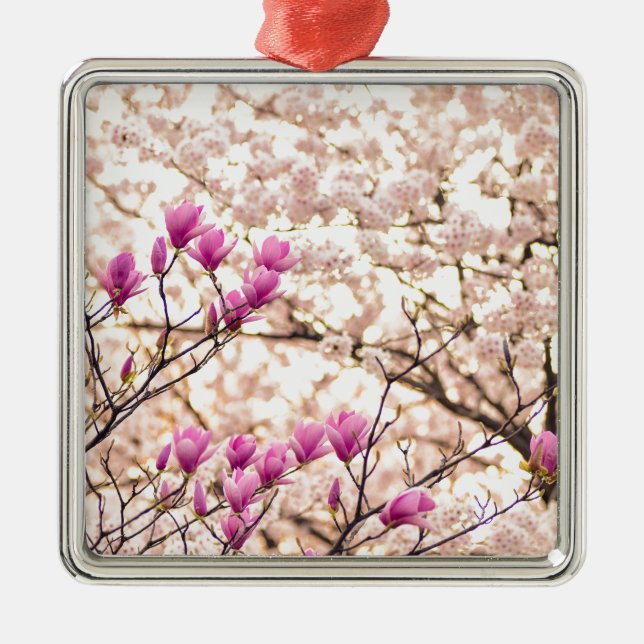 Blooming Pink Purple Magnolias Spring Flower Metal Ornament (Front)