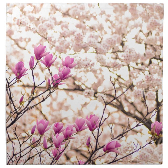 Blooming Pink Purple Magnolias Spring Flower Napkin (Front)