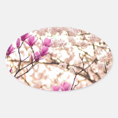 Blooming Pink Purple Magnolias Spring Flower Oval Sticker