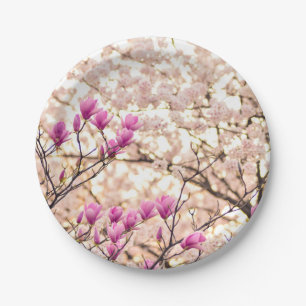 Blooming Pink Purple Magnolias Spring Flower Paper Plates