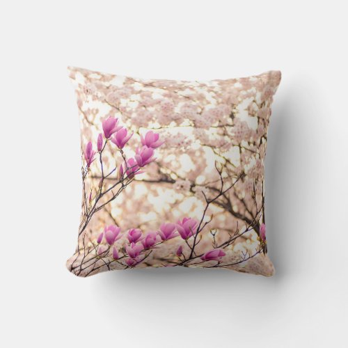 Blooming Pink Purple Magnolias Spring Flower Throw Pillow