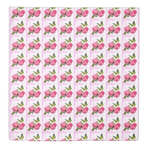 Blooming Pink Roses and Butterflies Queen Duvet Cover