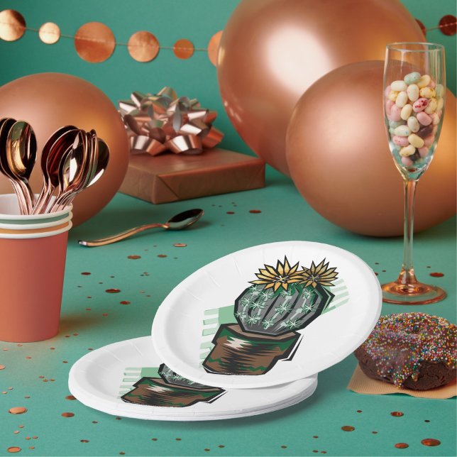 Blooming Potted Cactus Succulent Plant Paper Plates (Creator Uploaded)