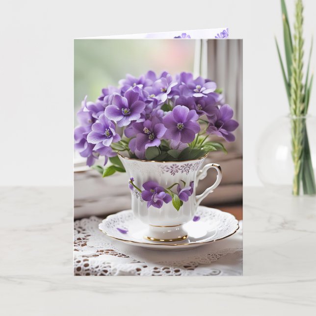 Blooming Purple Violets in Teacup Holiday Card (Front)