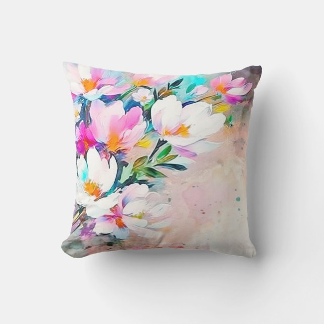 Blooming Radiance Watercolor Floral Throw Pillow (Front)
