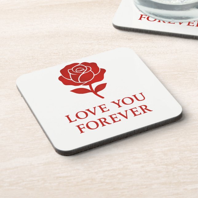 Blooming Red Rose Forever Message Valentine Beverage Coaster (Left Side)