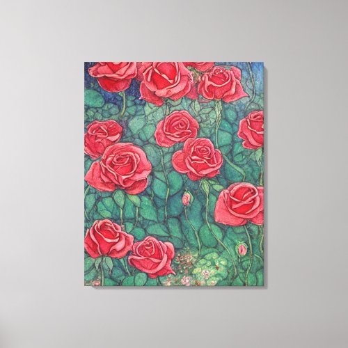 Blooming Red Roses Vintage Floral Painting Canvas Print