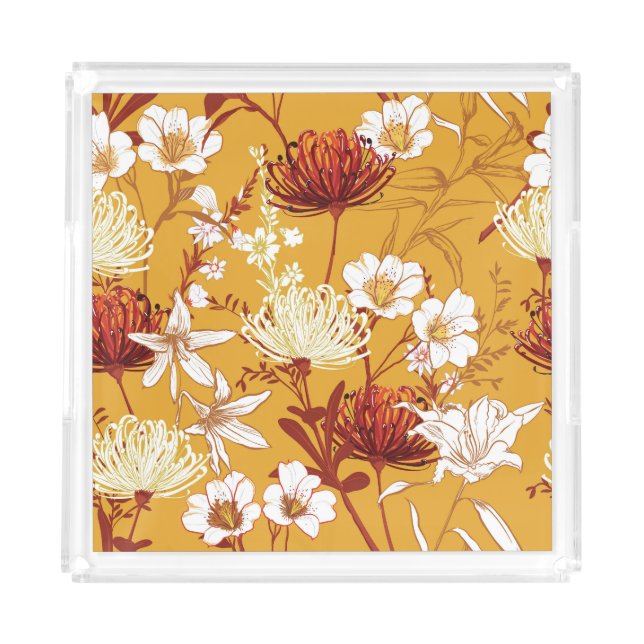 Blooming Retro: Unfinished Floral Line Art Acrylic Tray (Front)