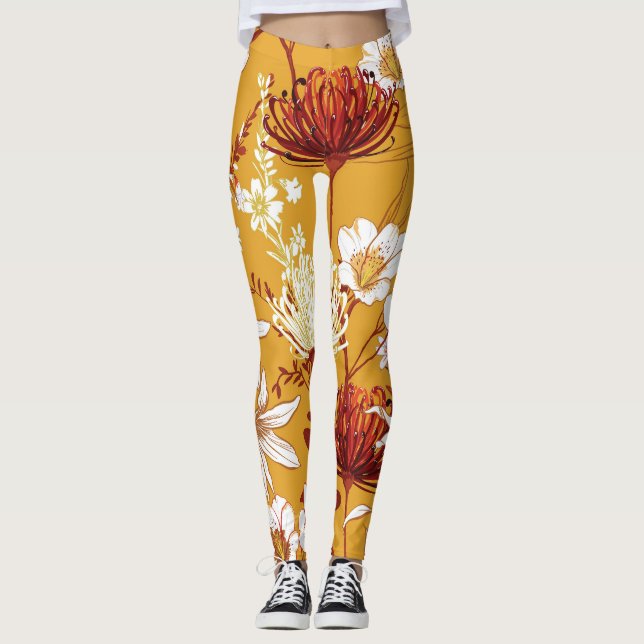 Blooming Retro: Unfinished Floral Line Art Leggings (Front)