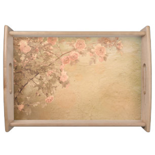 Blooming Rose Branch Pink Gold Vintage Serving Tray