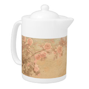 Blooming Rose Branch Pink Gold Vintage Teapot