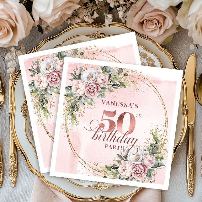 Blooming Rose Gold Blush Floral 50th Birthday  Napkins (Blooming Rose Gold Blush Floral 50th Birthday Dinner Napkins

)