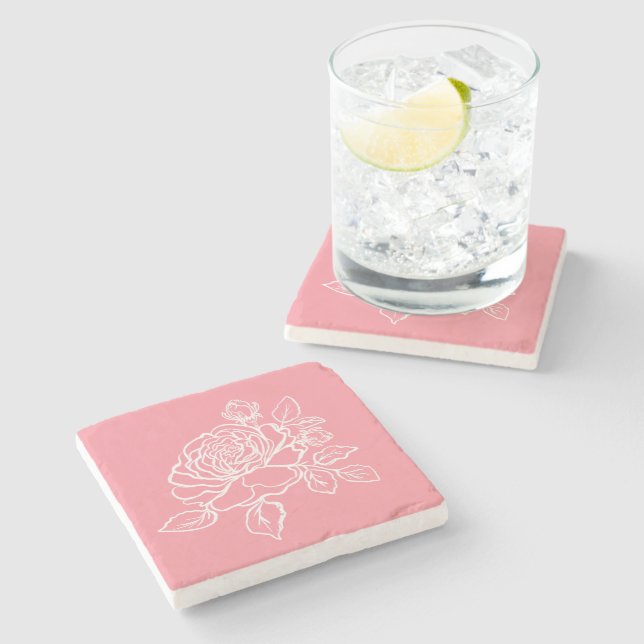 Blooming Rose Sketch Custom Background Colors  Stone Coaster (Side)