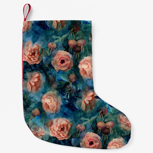 Blooming Roses Watercolor Seamless Pattern Small Christmas Stocking (Front)