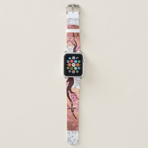 Blooming Sakura Branch over golden sun on marble Apple Watch Band