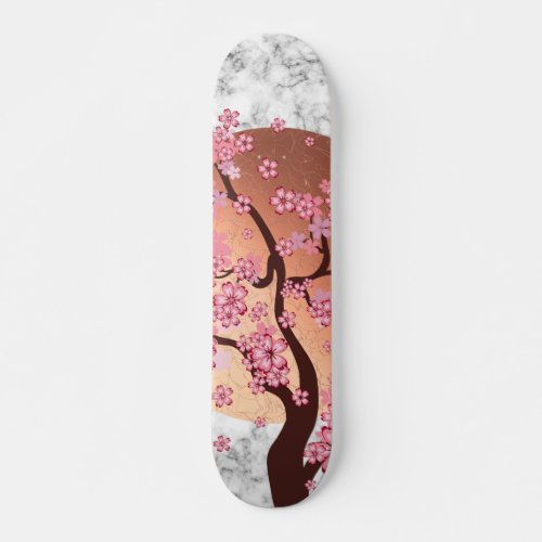 Blooming Sakura Branch over golden sun on marble Skateboard