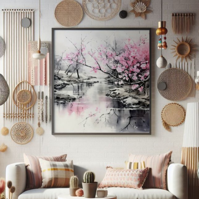 Blooming Sakura over River Ink Painting Photo Print (Creator Uploaded)