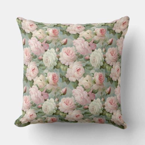Blooming shabby chic pastel pink English roses Throw Pillow
