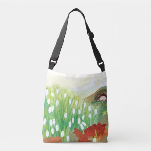 Blooming Snowdrops and a Hedgehog Illustration   Crossbody Bag