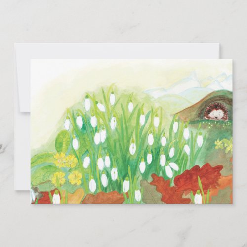Blooming Snowdrops and a Hedgehog Illustration Holiday Card