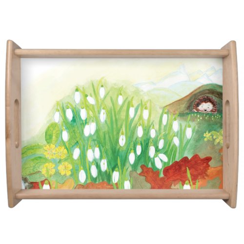 Blooming Snowdrops and a Hedgehog Illustration  Serving Tray