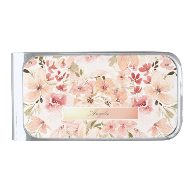 Blooming Spring Flowers Silver Finish Money Clip (Front)