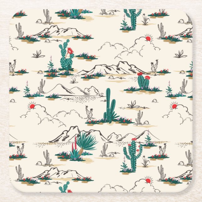 Blooming Succulents Pattern Square Paper Coaster (Front)