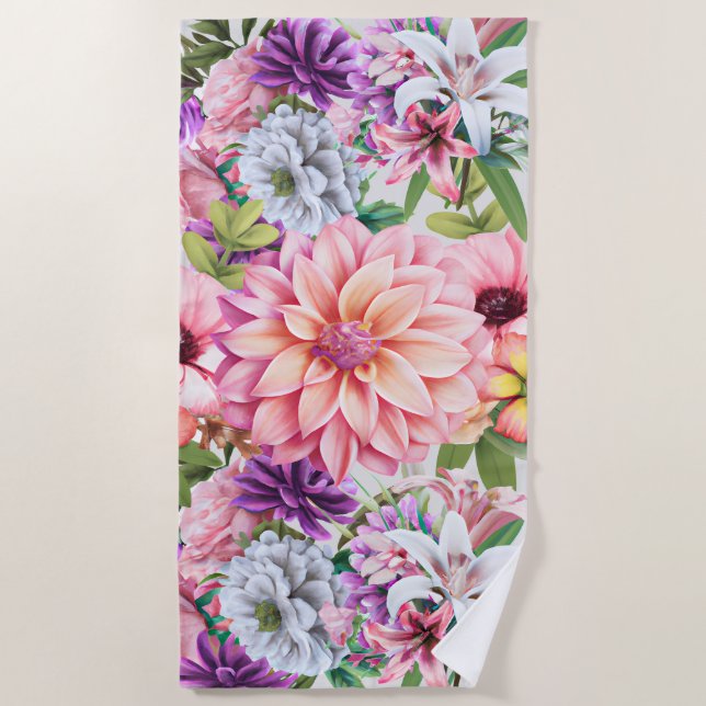 Blooming summer floral garden illustration beach towel (Front)