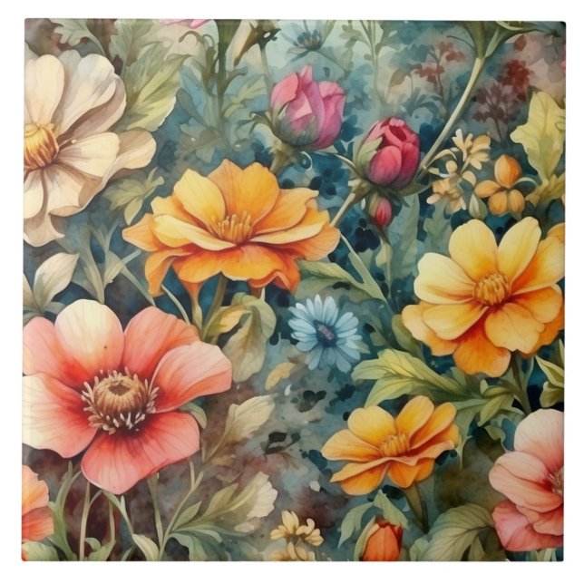 Blooming Summer Garden Flowers  Ceramic Tile (Front)