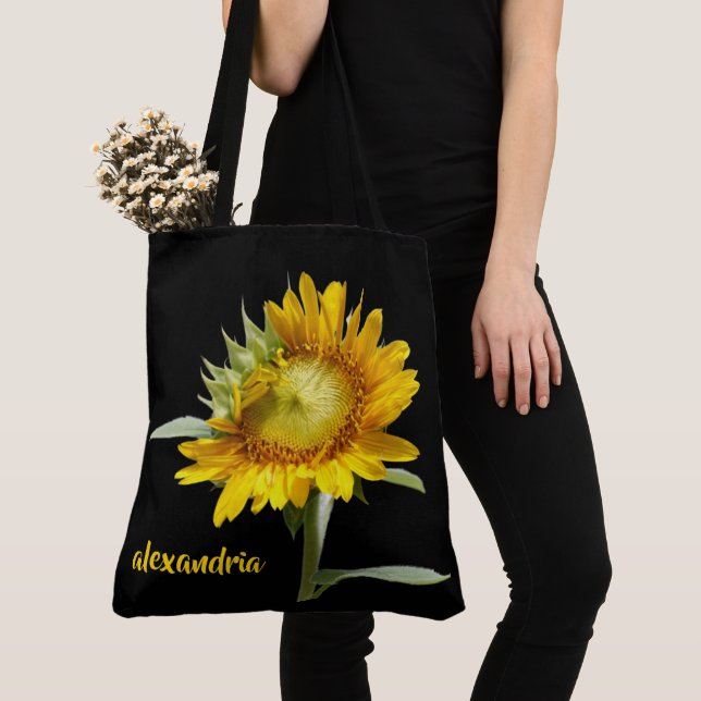 Blooming Sunflower on black, personalized Tote Bag (Close Up)