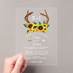 Blooming Sunflowers Antlers Country Chic Wedding Acrylic Invitations