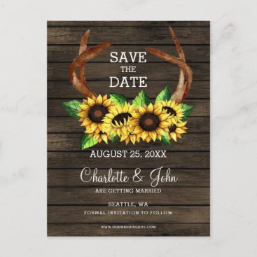 blooming sunflowers antlers country chic wedding announcement postcard