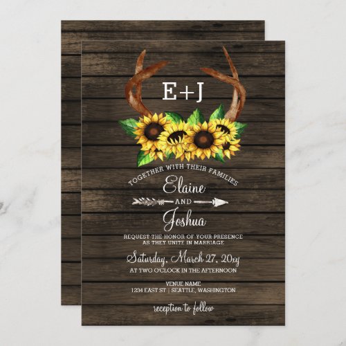 Blooming Sunflowers Antlers Country Chic Wedding Invitation