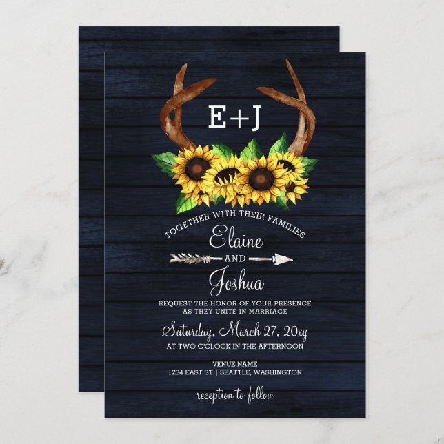 Blooming Sunflowers Antlers Country Chic Wedding Invitation (Front/Back)