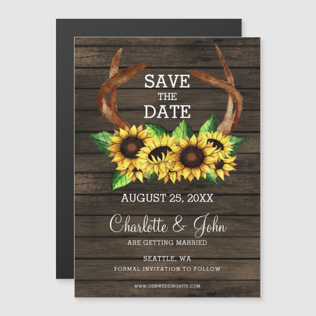 blooming sunflowers antlers country save the date magnetic invitation (Front/Back)